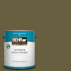 BEHR Premium Plus 1-gal. #ICC-88 Classic Olive Zero VOC Satin Enamel Interior Paint - 730001